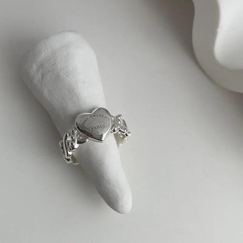 Letter Print Love Heart Diamond Silver Rings