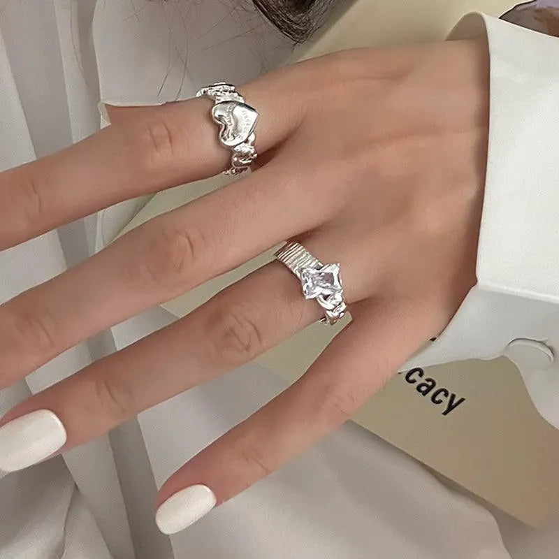 Letter Print Love Heart Diamond Silver Rings