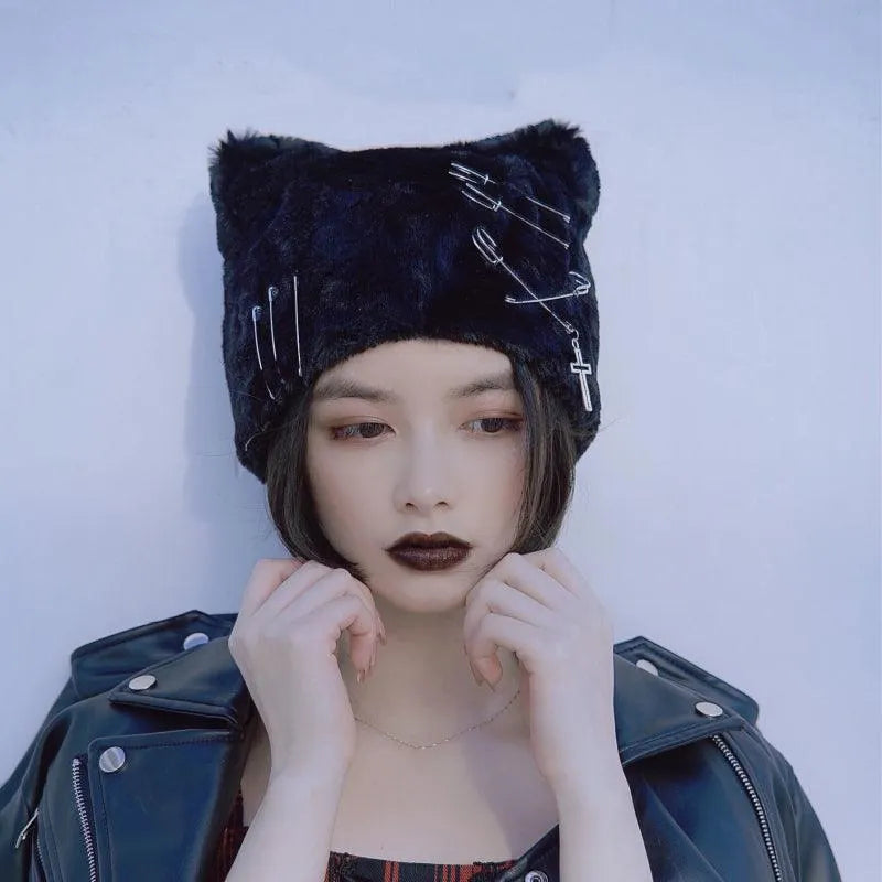 Handmade Plush Cat Ear Punk Cross Plush Hat