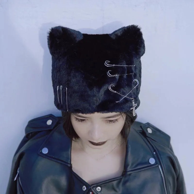 Handmade Plush Cat Ear Punk Cross Plush Hat