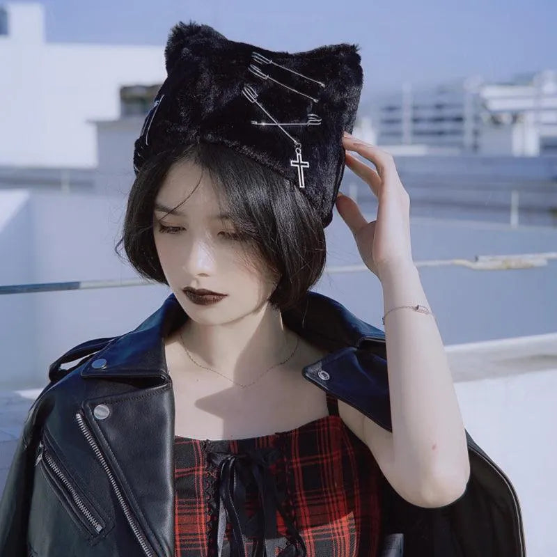 Handmade Plush Cat Ear Punk Cross Plush Hat