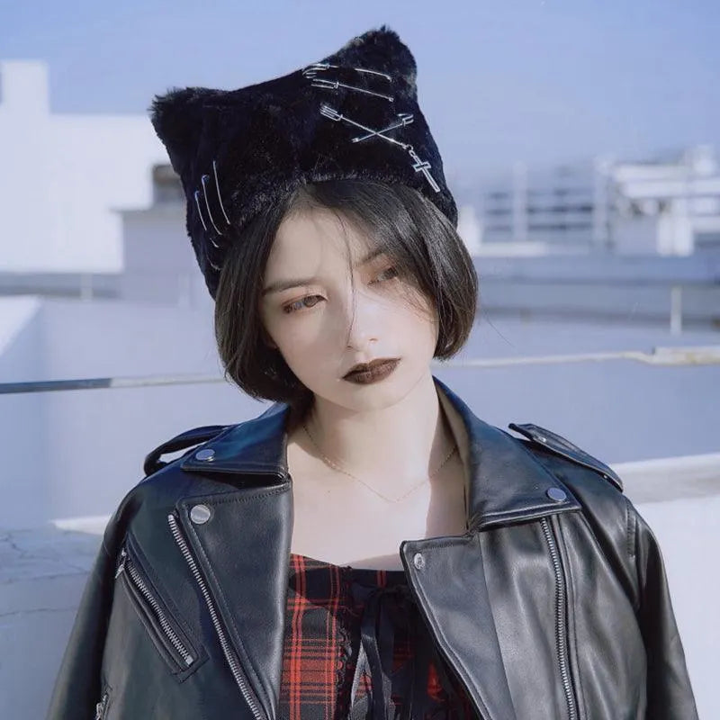 Handmade Plush Cat Ear Punk Cross Plush Hat