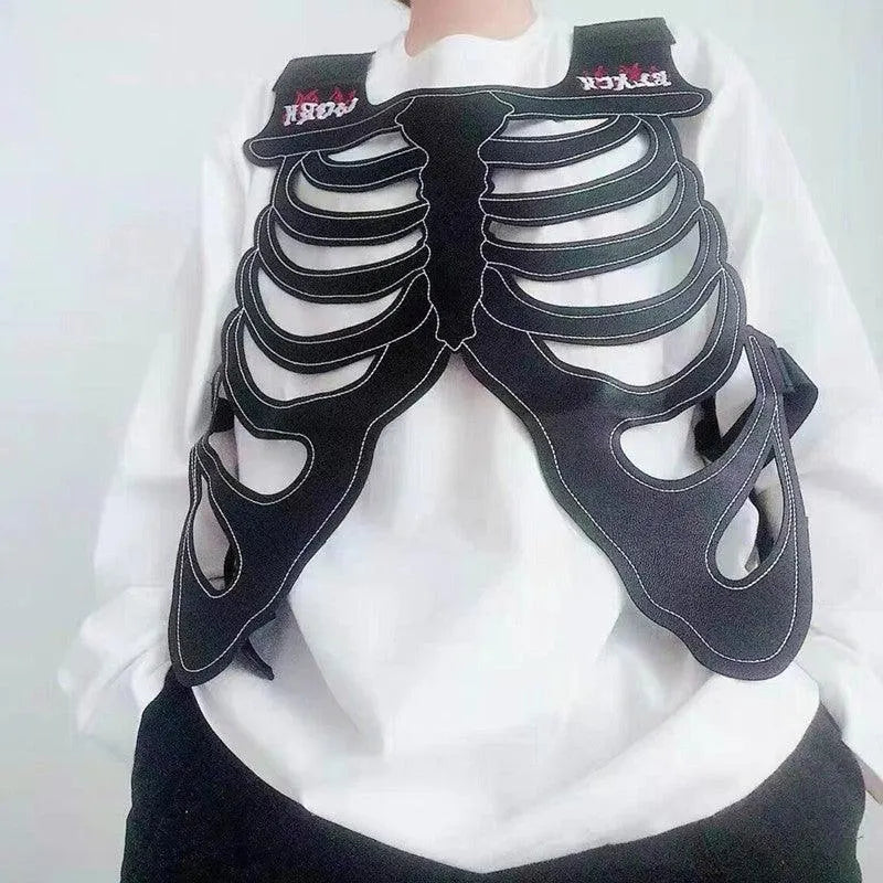 Sternum Embroidery Skeleton PU Vest