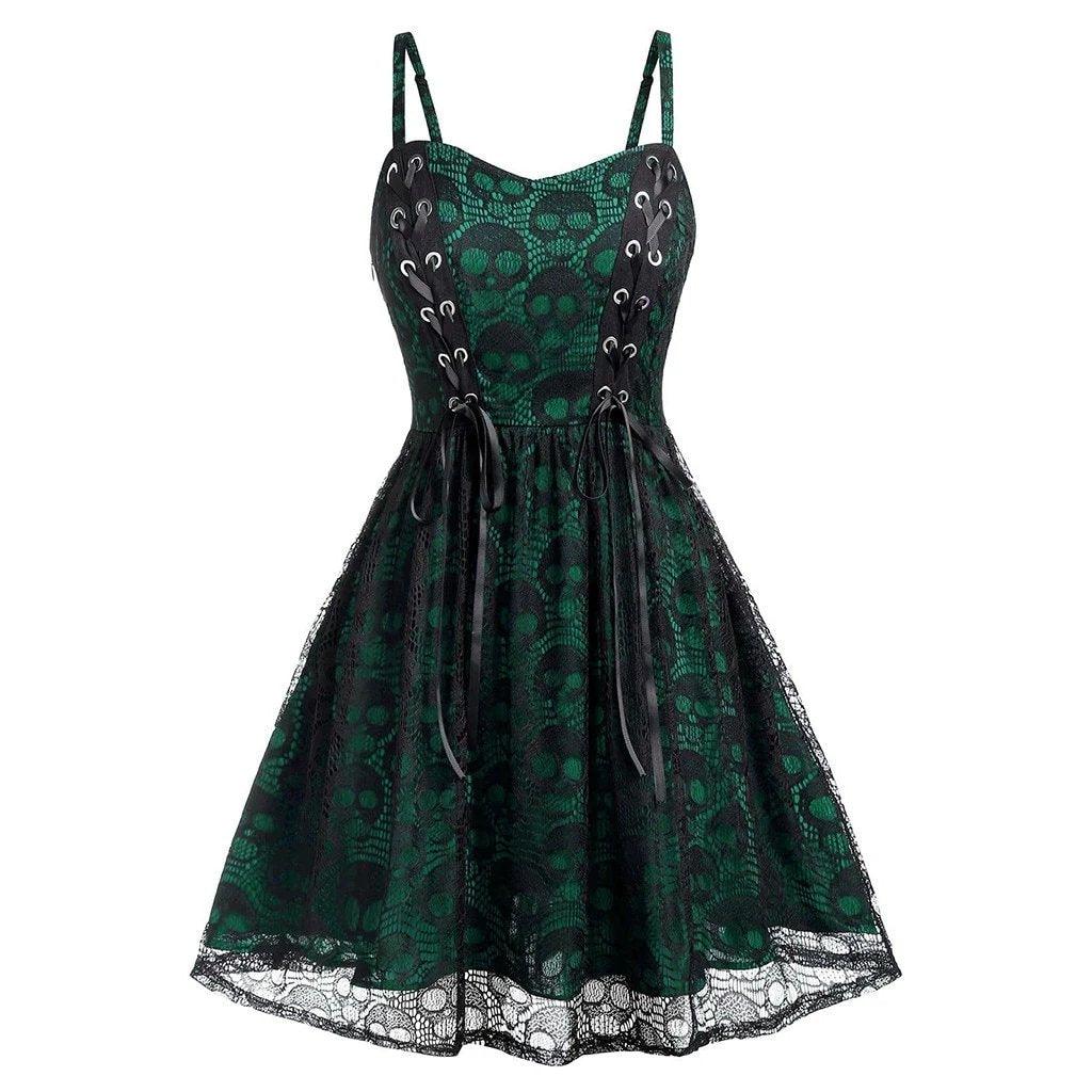 Skulls Lace Mesh Sling Strap Dress