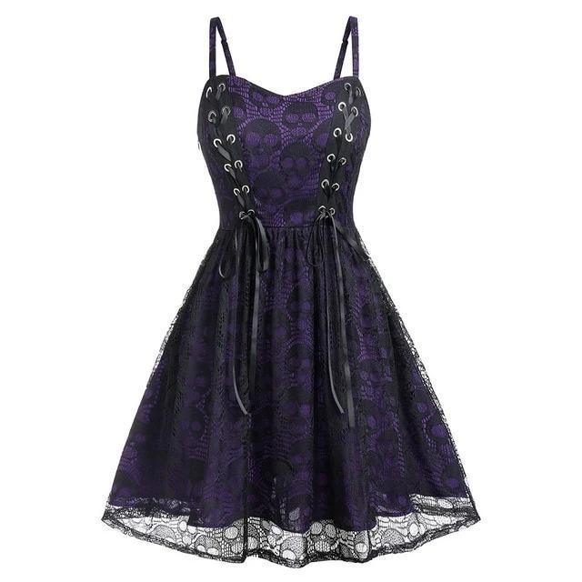 Skulls Lace Mesh Sling Strap Dress