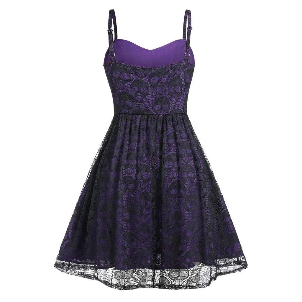Skulls Lace Mesh Sling Strap Dress