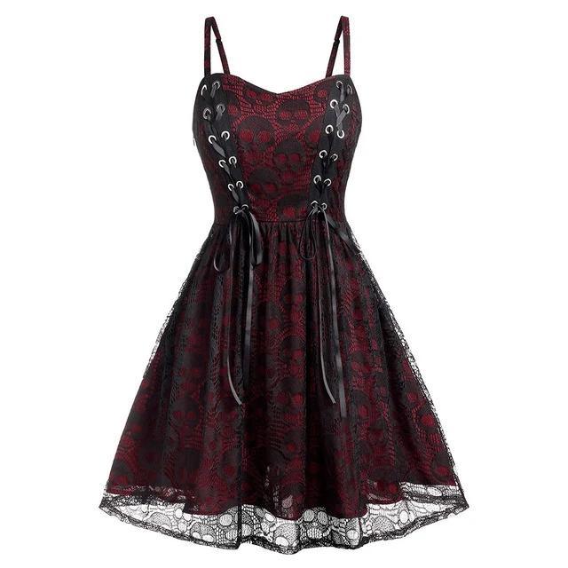 Skulls Lace Mesh Sling Strap Dress