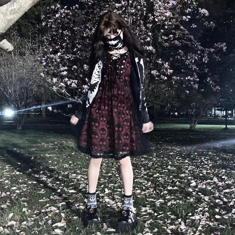 Skulls Lace Mesh Sling Strap Dress