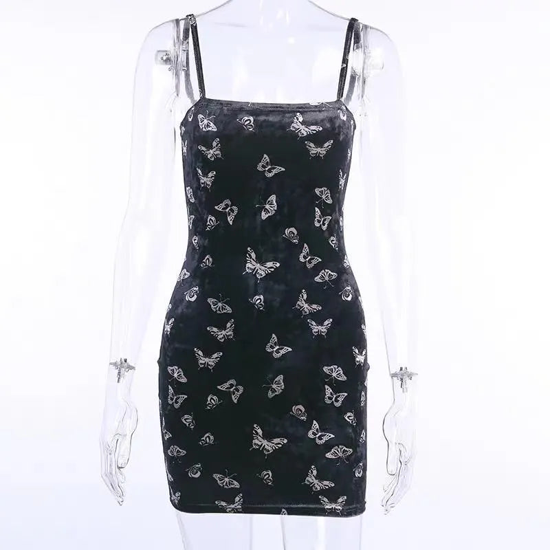 Butterfly Printed Velvet Strap Dress