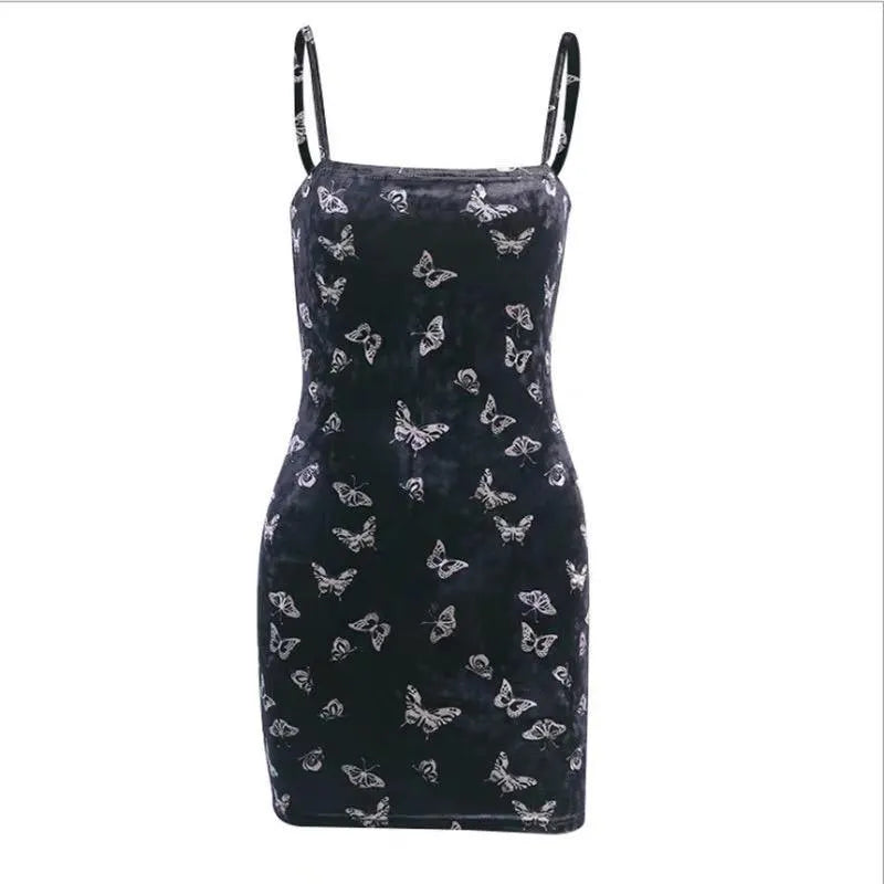 Butterfly Printed Velvet Strap Dress