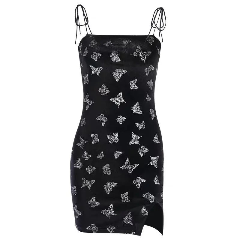 Butterfly Printed Velvet Strap Dress