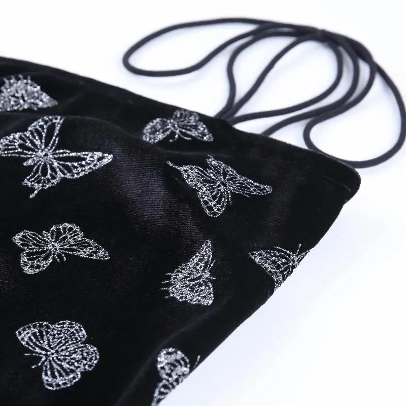 Butterfly Printed Velvet Strap Dress