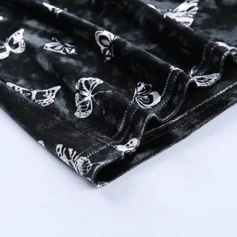 Butterfly Printed Velvet Strap Dress
