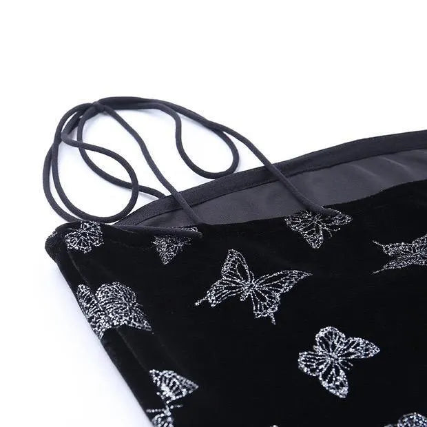 Butterfly Printed Velvet Strap Dress