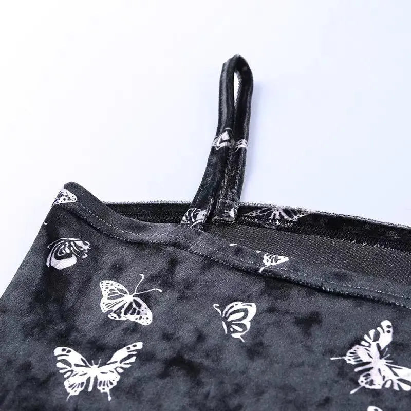 Butterfly Printed Velvet Strap Dress