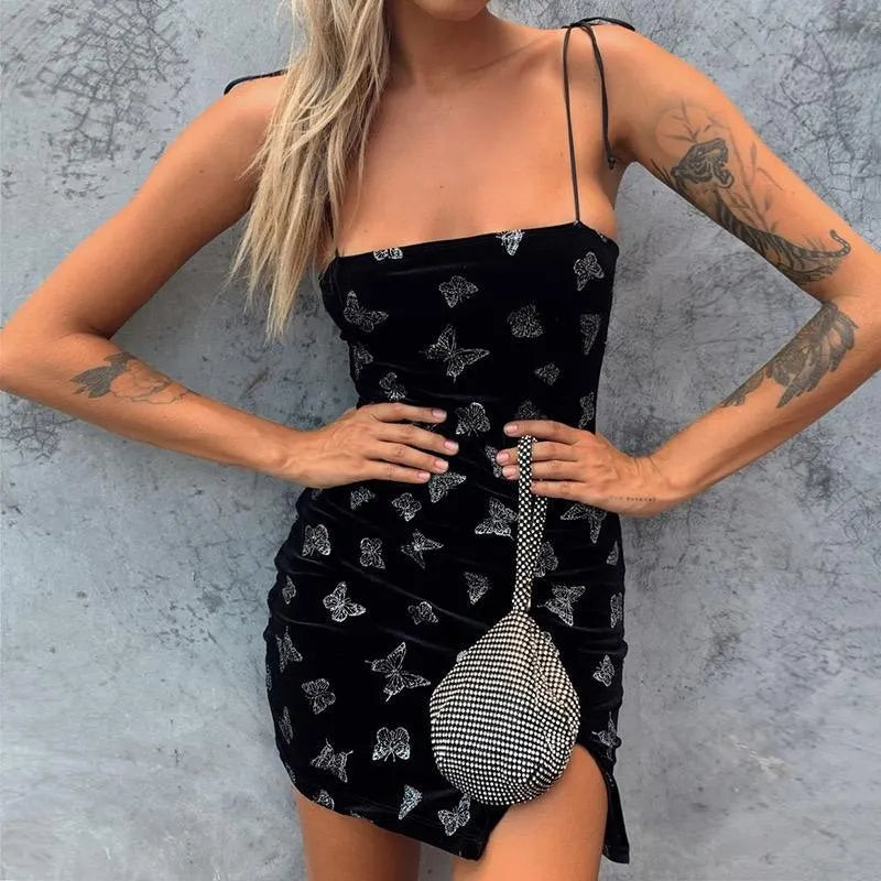 Butterfly Printed Velvet Strap Dress
