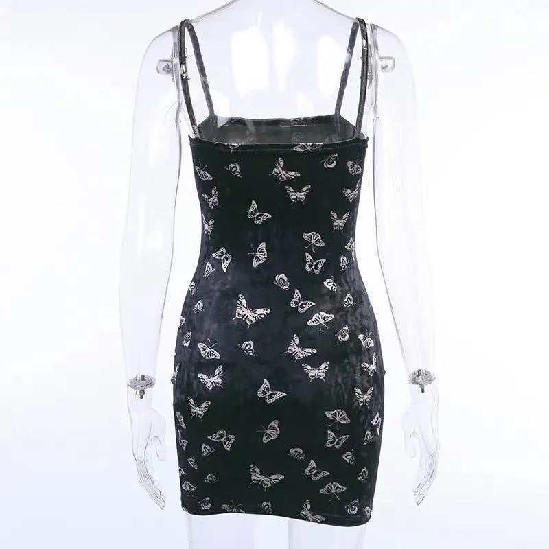 Butterfly Printed Velvet Strap Dress
