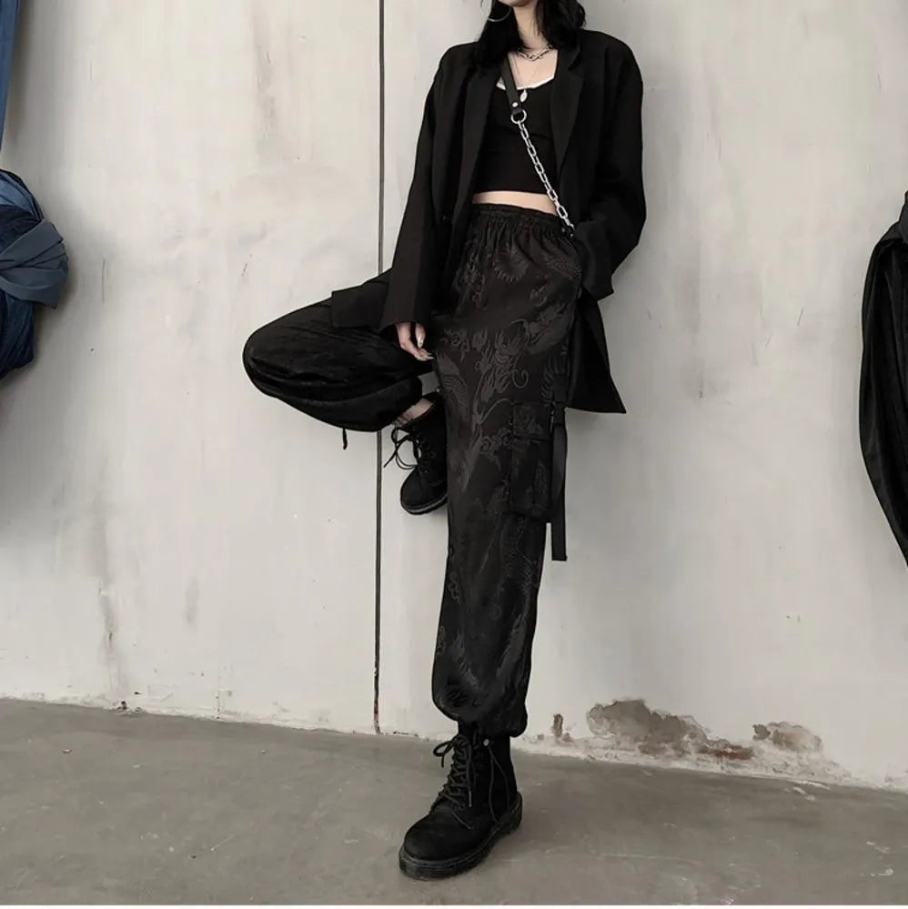 Dragon Print Cargo Jogger Pants