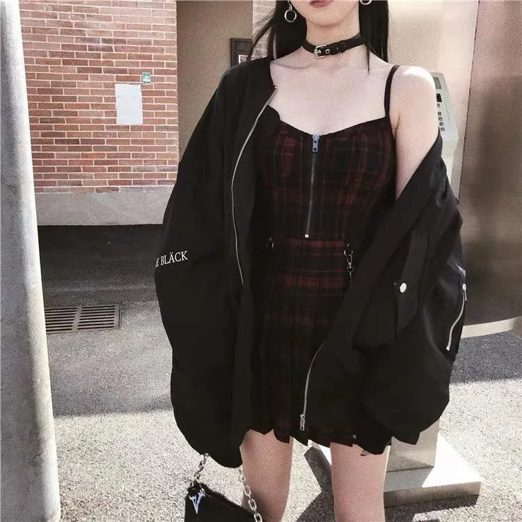 Gothic Grunge Spaghetti Strap Plaid Mini Dress