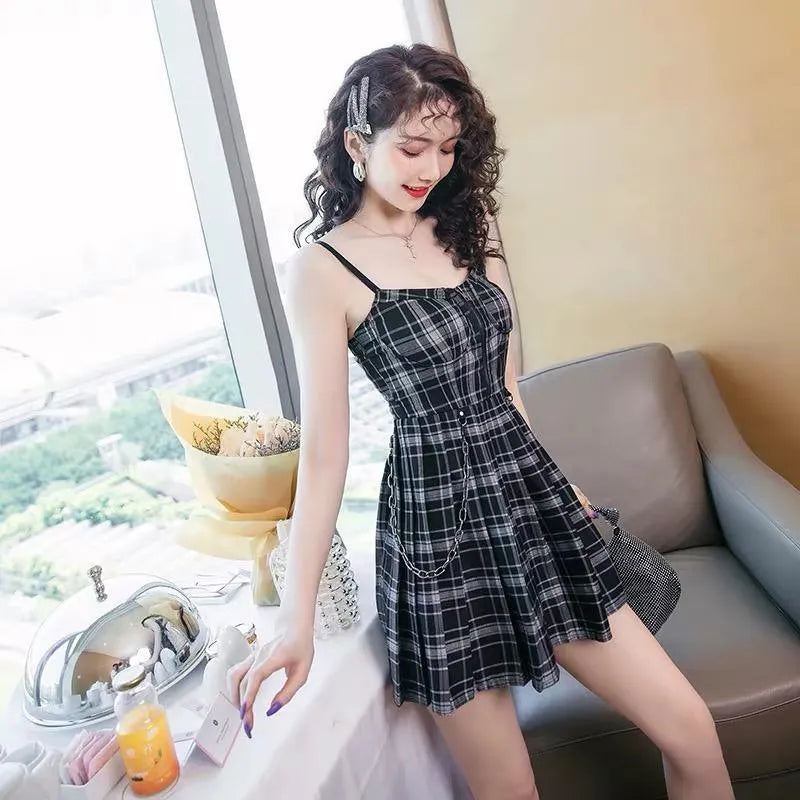 Gothic Grunge Spaghetti Strap Plaid Mini Dress