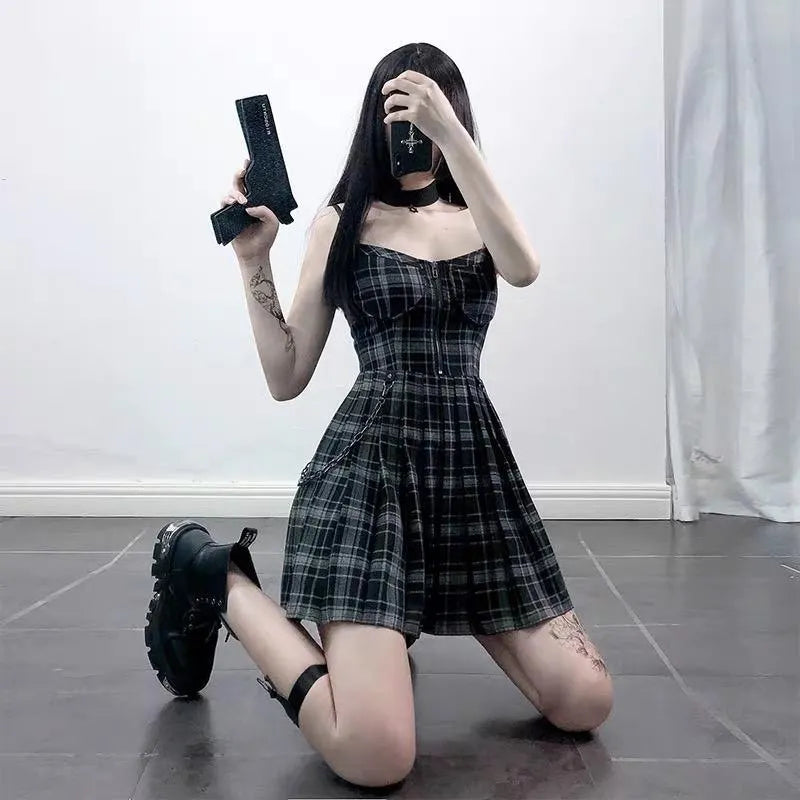 Gothic Grunge Spaghetti Strap Plaid Mini Dress