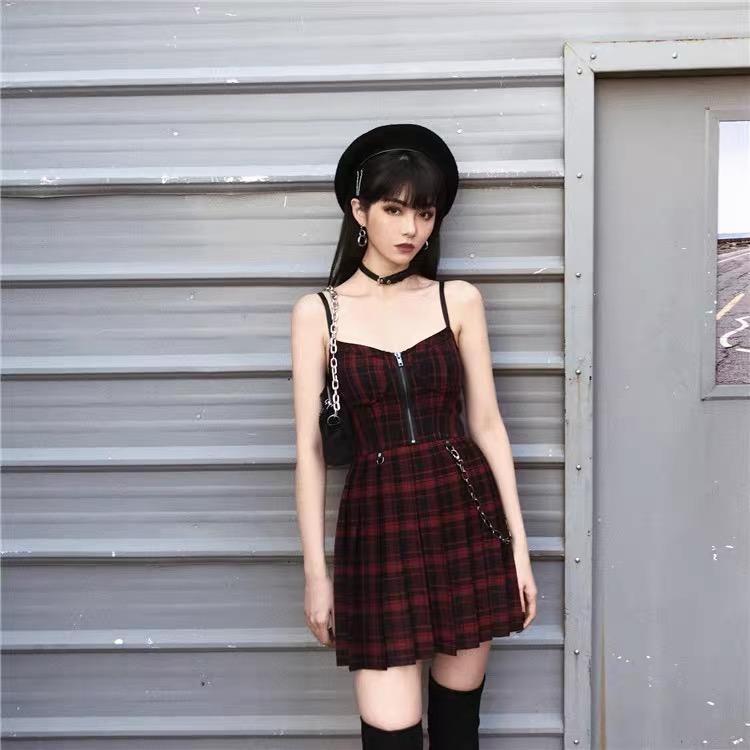 Gothic Grunge Spaghetti Strap Plaid Mini Dress