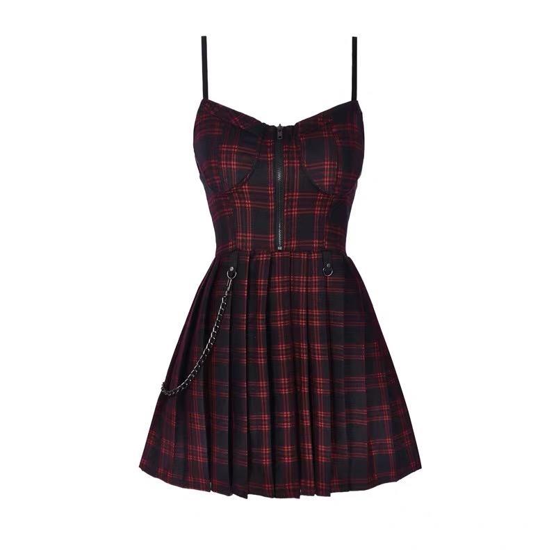 Gothic Grunge Spaghetti Strap Plaid Mini Dress
