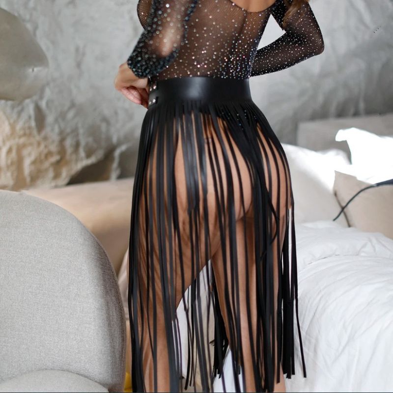 Punk Fringed Leather Midi Skirt