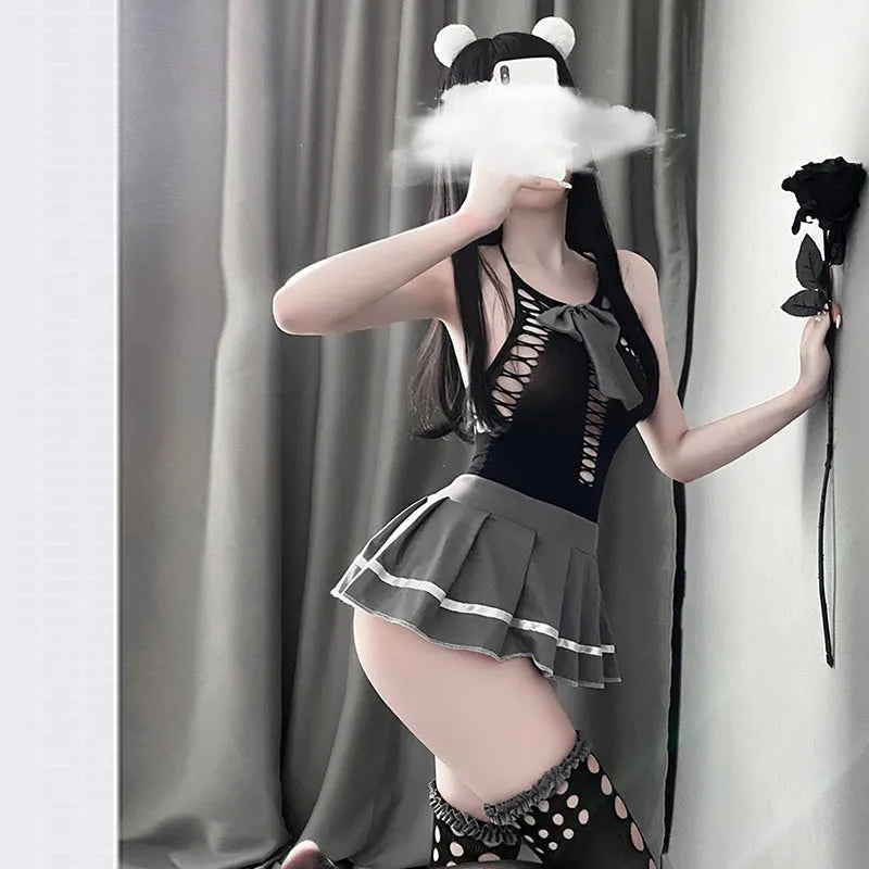 Endless Love Hollow Out Top and Mini Skirt Lingerie Set