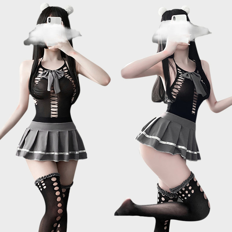 Endless Love Hollow Out Top and Mini Skirt Lingerie Set