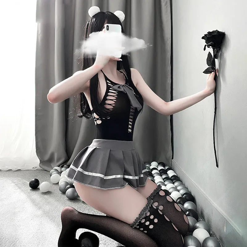 Endless Love Hollow Out Top and Mini Skirt Lingerie Set