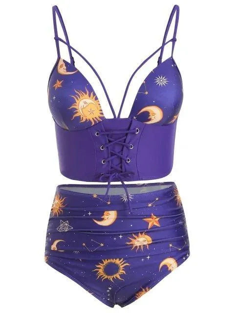 Lace Up Ruched Sun And Moon Tankini Swimsuit Set