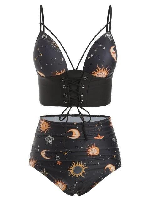 Lace Up Ruched Sun And Moon Tankini Swimsuit Set