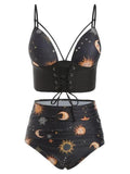 Lace Up Ruched Sun And Moon Tankini Swimsuit Set