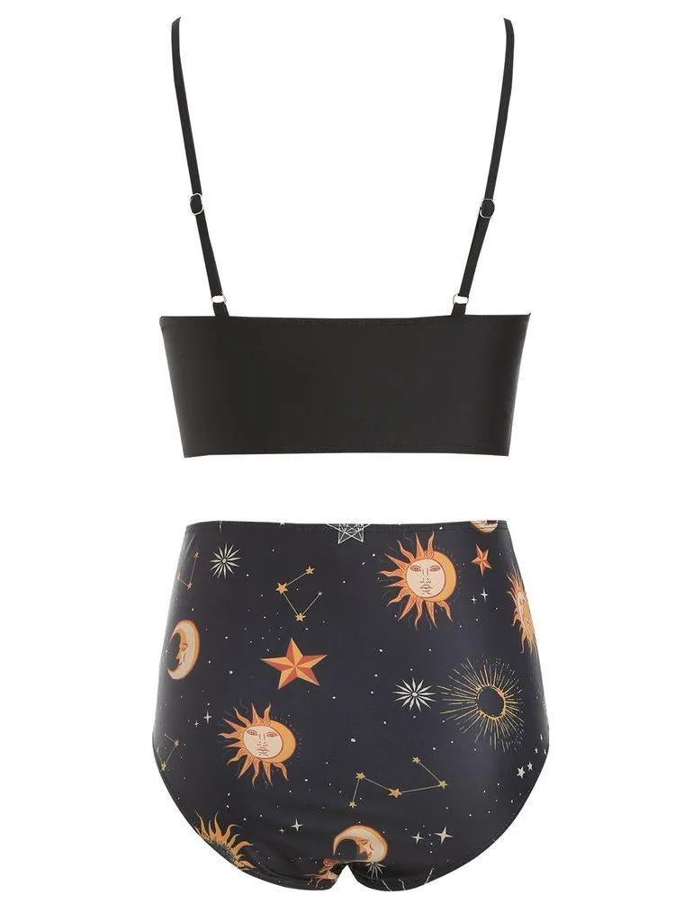 Lace Up Ruched Sun And Moon Tankini Swimsuit Set