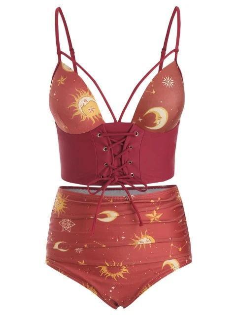 Lace Up Ruched Sun And Moon Tankini Swimsuit Set