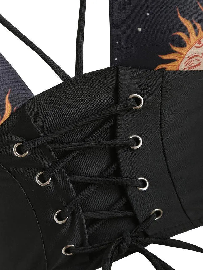 Lace Up Ruched Sun And Moon Tankini Swimsuit Set