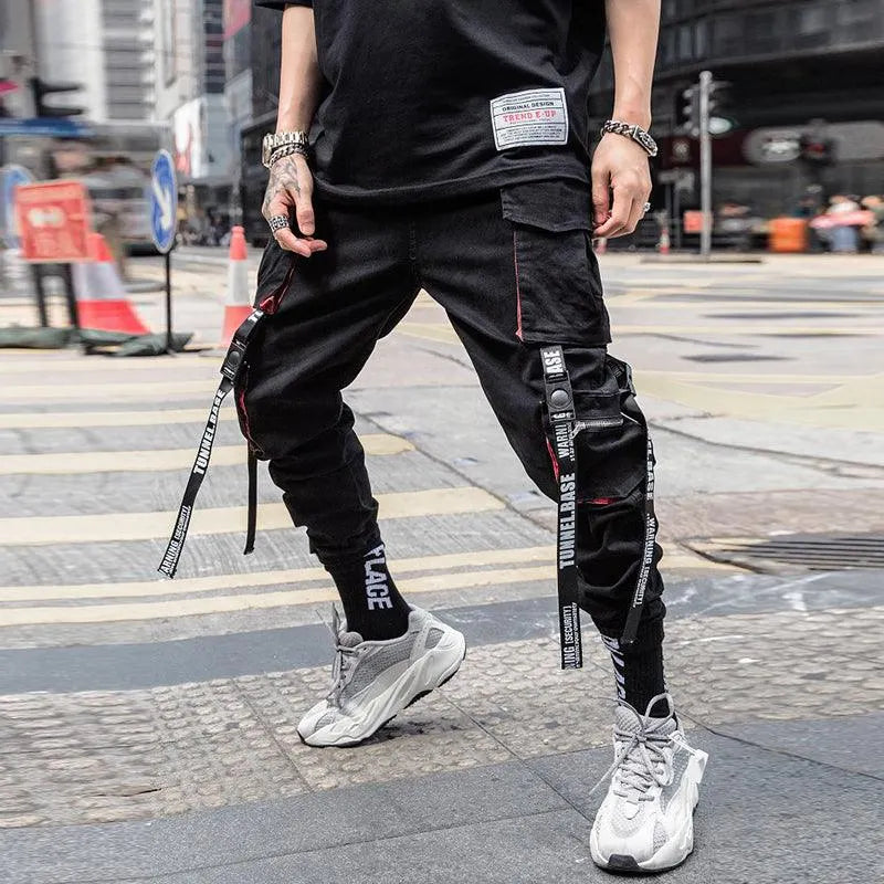 Letter Embroidery Belt Multi Pockets Jogger Pants
