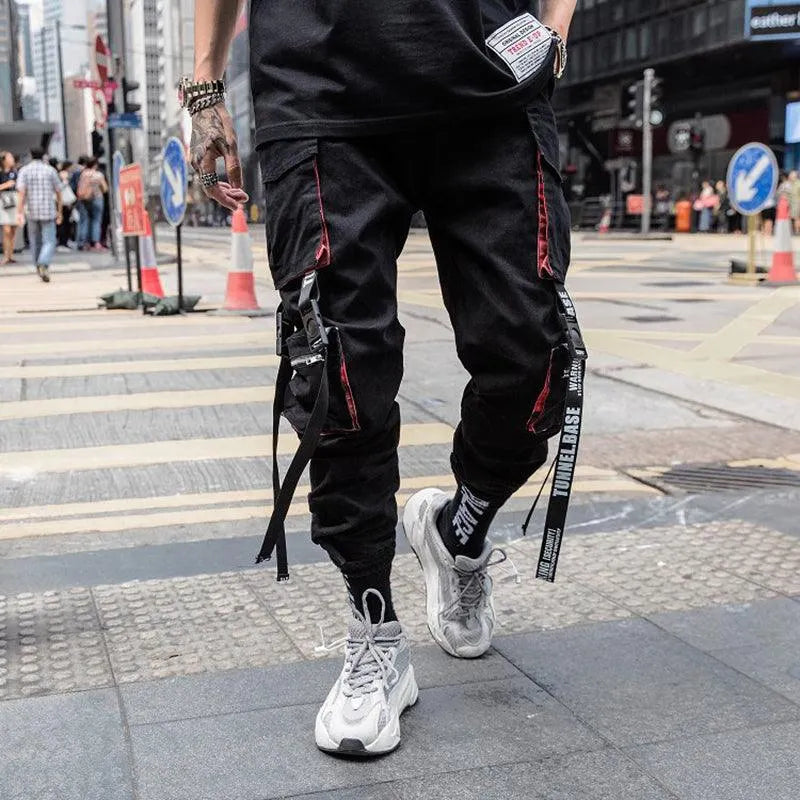 Letter Embroidery Belt Multi Pockets Jogger Pants