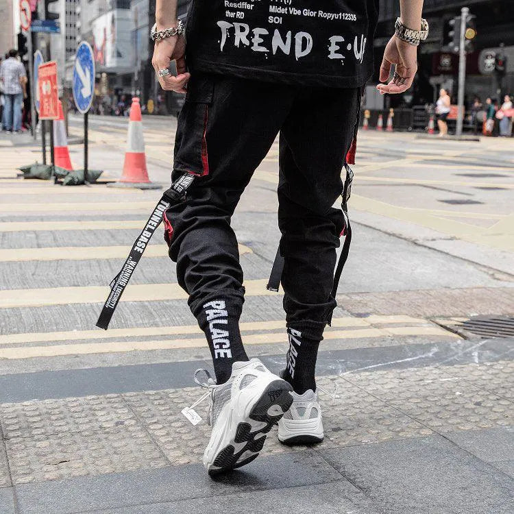 Letter Embroidery Belt Multi Pockets Jogger Pants