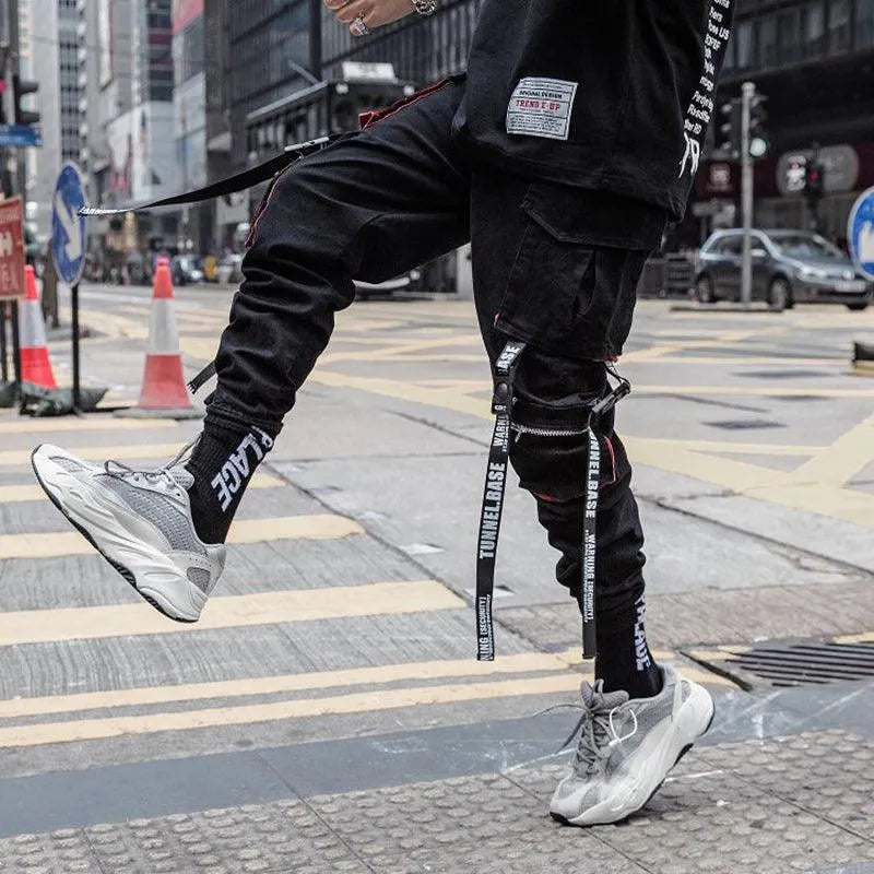 Letter Embroidery Belt Multi Pockets Jogger Pants