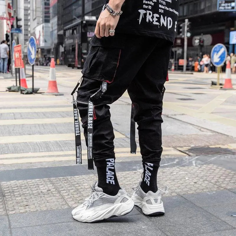 Letter Embroidery Belt Multi Pockets Jogger Pants