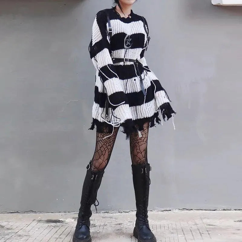 Punk Style Ripped Stripe Sweater