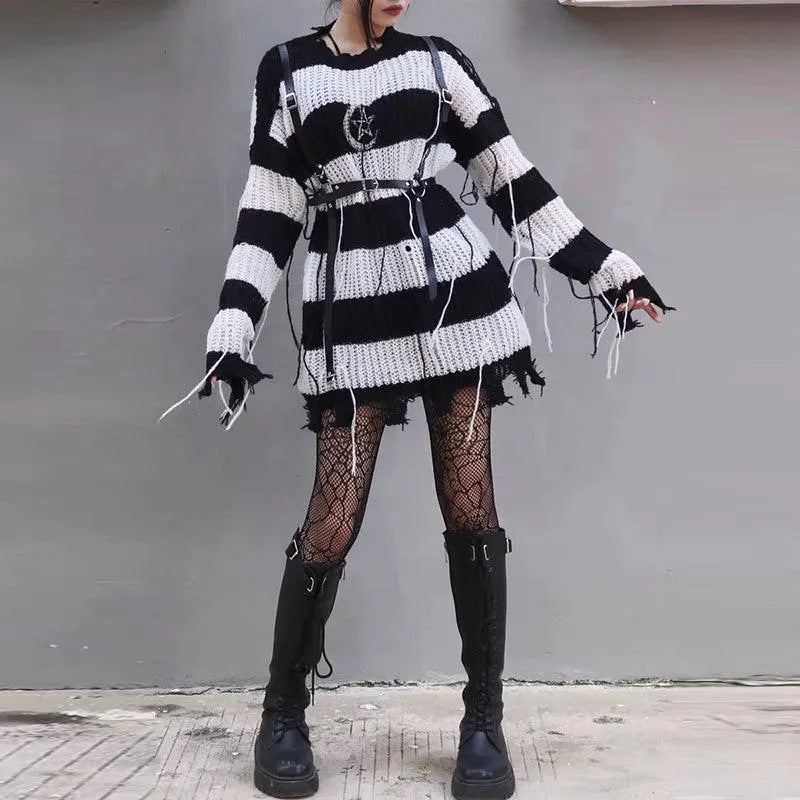 Punk Style Ripped Stripe Sweater